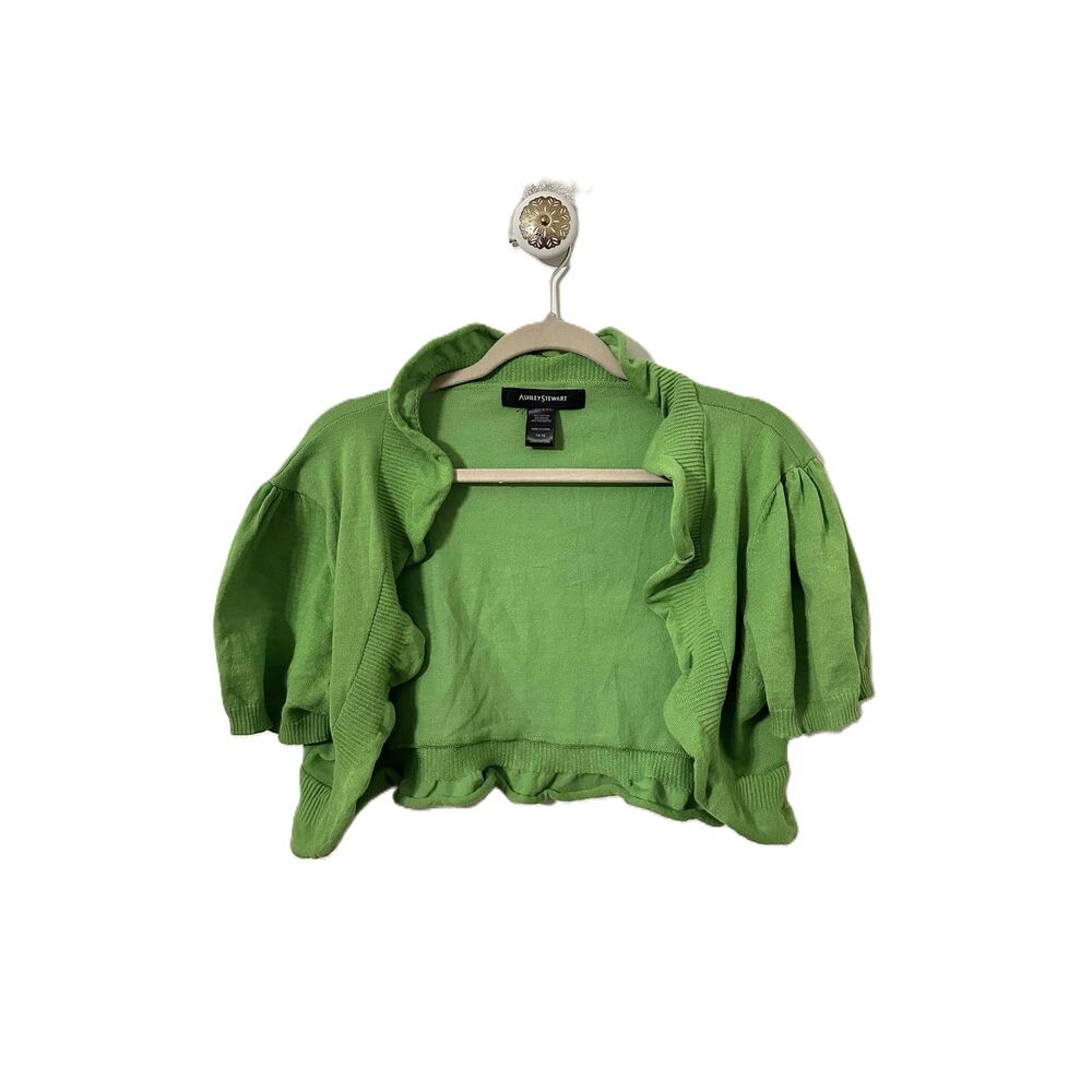 Ashley Stewart Cardigan Womens Size 14/16 Green Shrug Short Sleeves Ruffled Trim